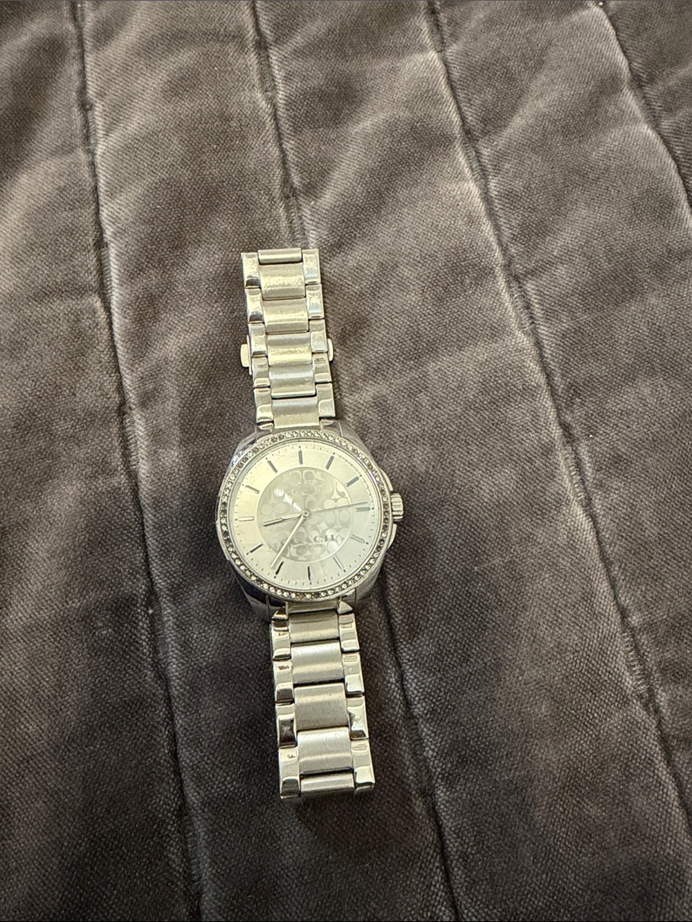 Coach Silver Logo Pattern Crystal Bezel Women's Watch - Picture 1 of 3